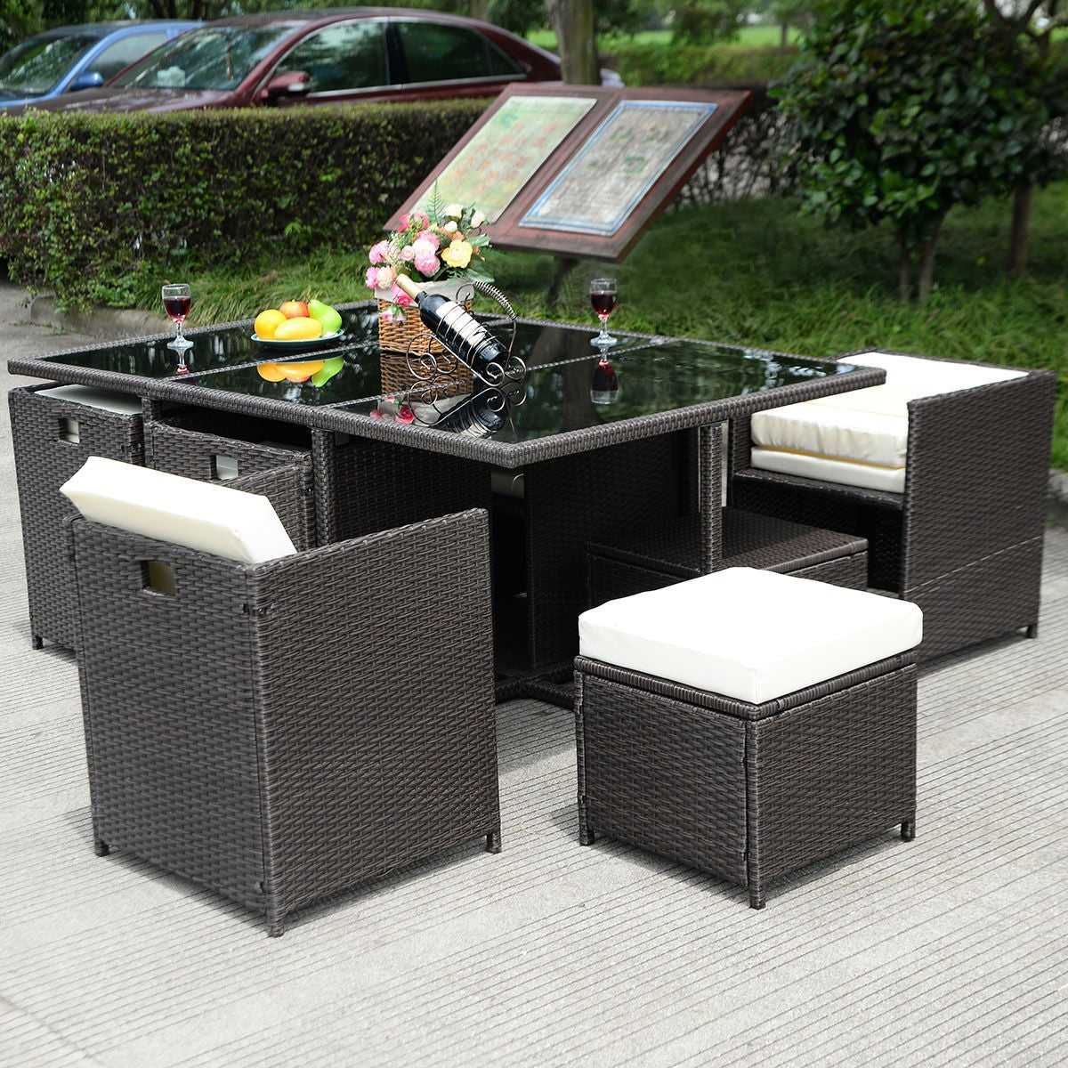 11 pcs Wicker Rattan Patio Outdoor Dinning Cushion Seat